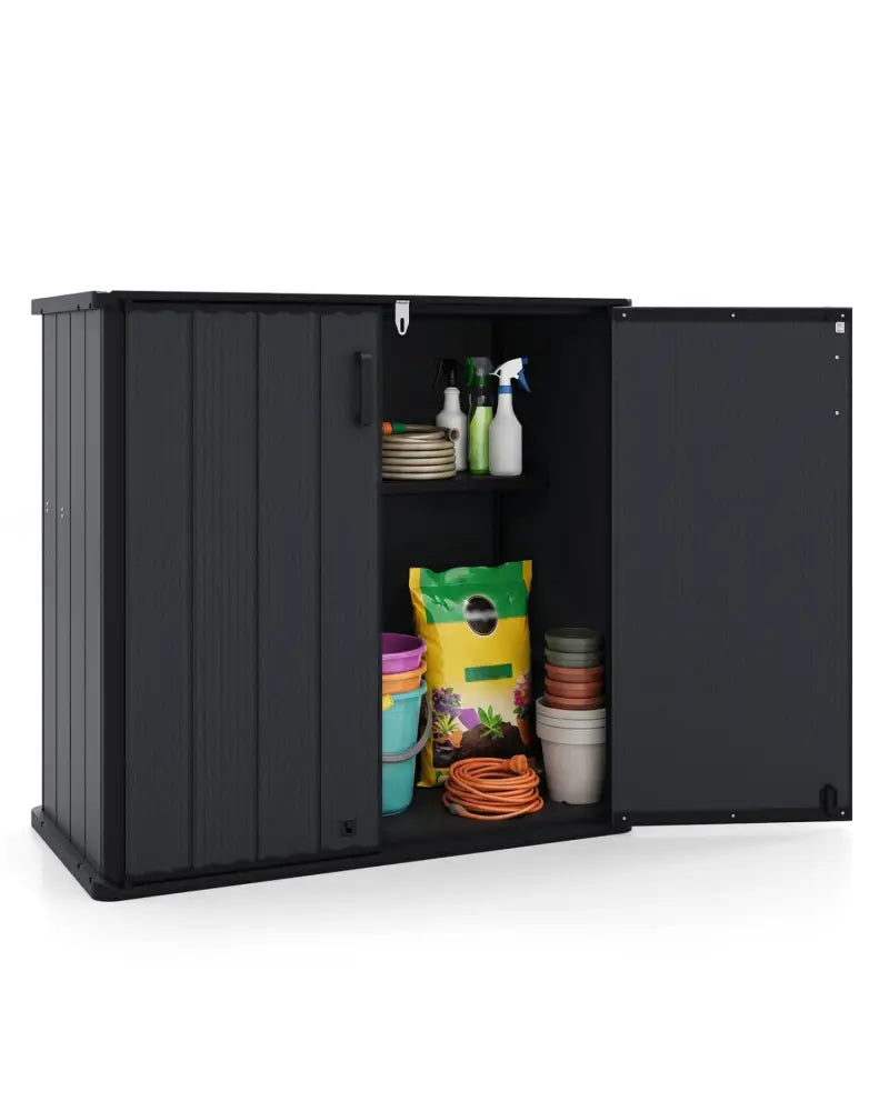 All-Weather Storage Box with Floor and Removable Shelf for Patio and Lawn-Black - Black - Sheds & Outdoor Storage