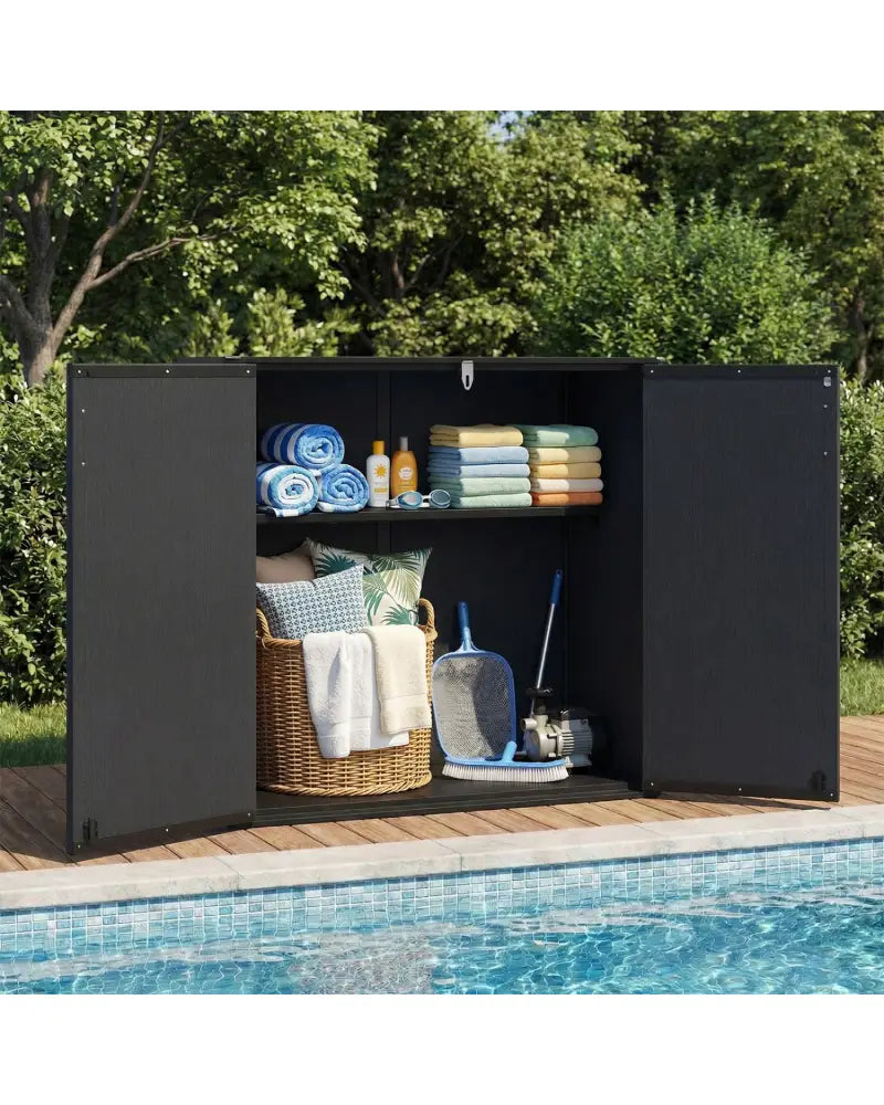 All-Weather Storage Box with Floor and Removable Shelf for Patio and Lawn-Black - Black - Sheds & Outdoor Storage