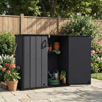 All-Weather Storage Box with Floor and Removable Shelf for Patio and Lawn-Black - Black - Sheds & Outdoor Storage