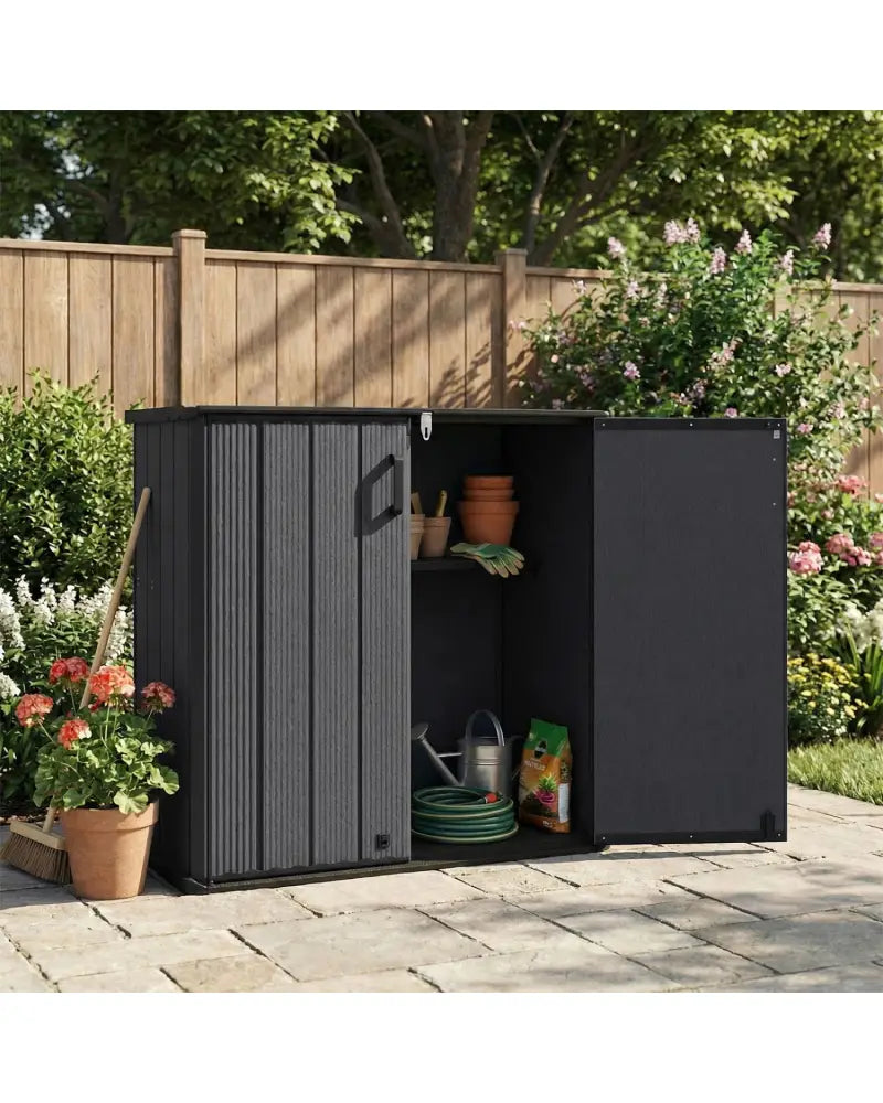 All-Weather Storage Box with Floor and Removable Shelf for Patio and Lawn-Black - Black - Sheds & Outdoor Storage