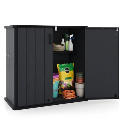 All-Weather Storage Box with Floor and Removable Shelf for Patio and Lawn-Black - Black - Sheds & Outdoor Storage