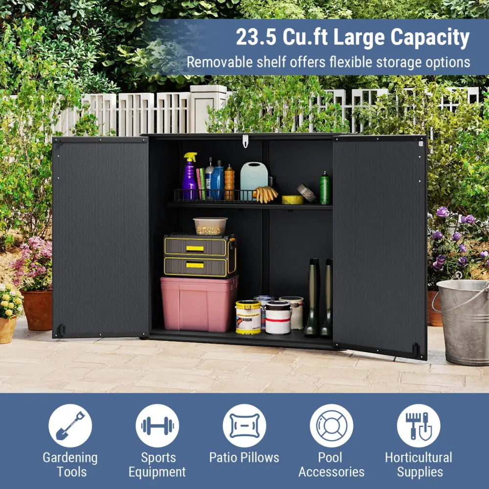 All-Weather Storage Box with Floor and Removable Shelf for Patio and Lawn-Black - Black - Sheds & Outdoor Storage