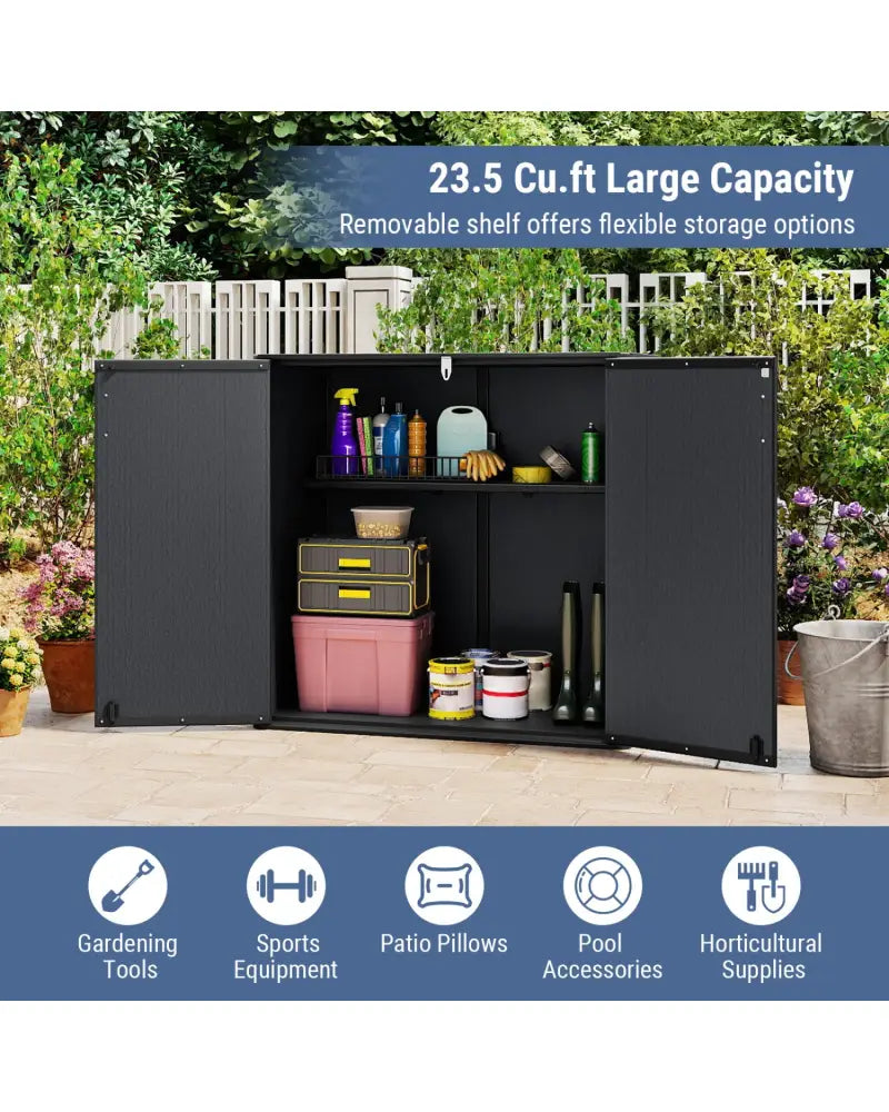 All-Weather Storage Box with Floor and Removable Shelf for Patio and Lawn-Black - Black - Sheds & Outdoor Storage