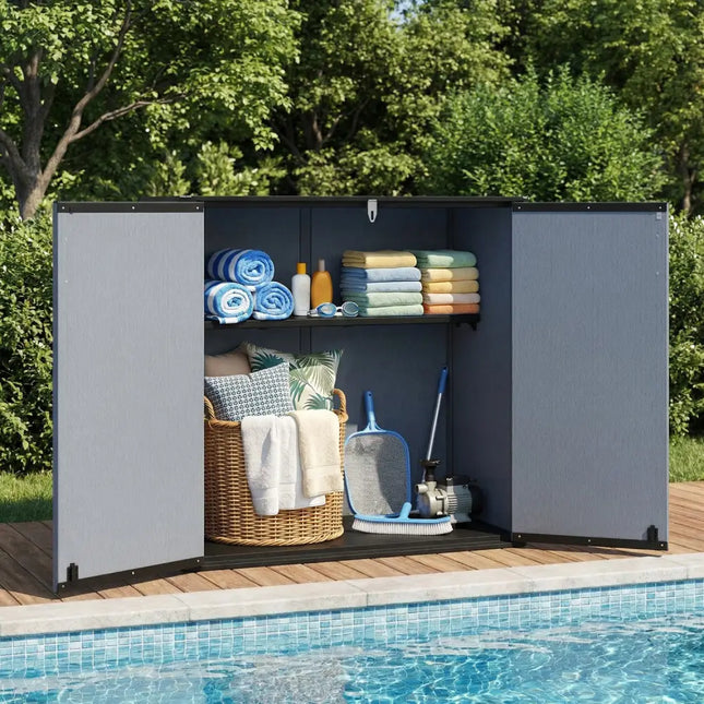 All-Weather Storage Box with Floor and Removable Shelf for Patio and Lawn-Gray - Gray - Sheds & Outdoor Storage
