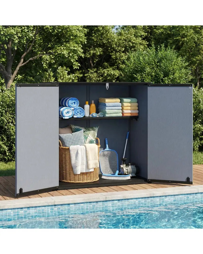 All-Weather Storage Box with Floor and Removable Shelf for Patio and Lawn-Gray - Gray - Sheds & Outdoor Storage