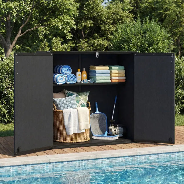 All-Weather Storage Box with Floor and Removable Shelf for Patio and Lawn-Black - Black - Sheds & Outdoor Storage