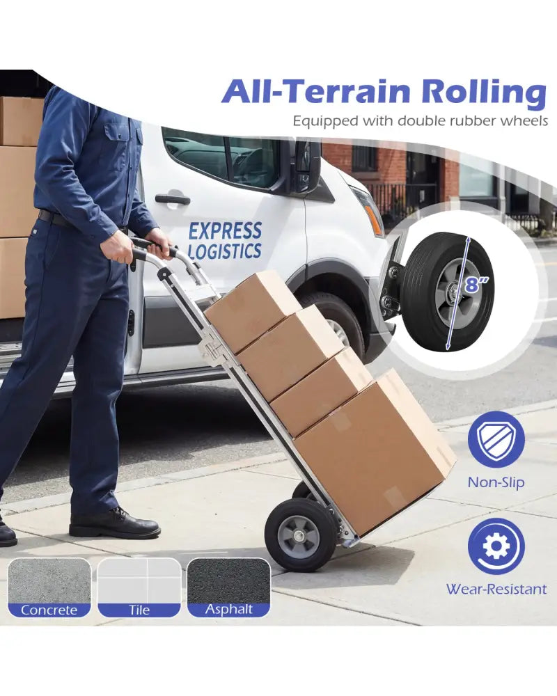 Aluminum Dolly Cart with 2 Rubber Wheels and Ergonomic Handle-Silver - Silver - Garages