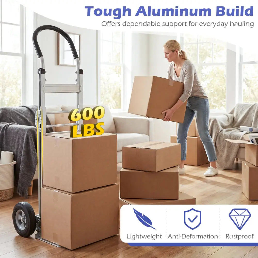Aluminum Dolly Cart with 2 Rubber Wheels and Ergonomic Handle-Silver - Silver - Garages