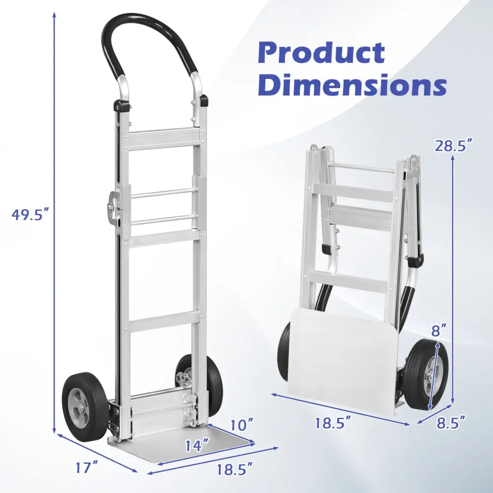 Aluminum Dolly Cart with 2 Rubber Wheels and Ergonomic Handle-Silver - Silver - Garages
