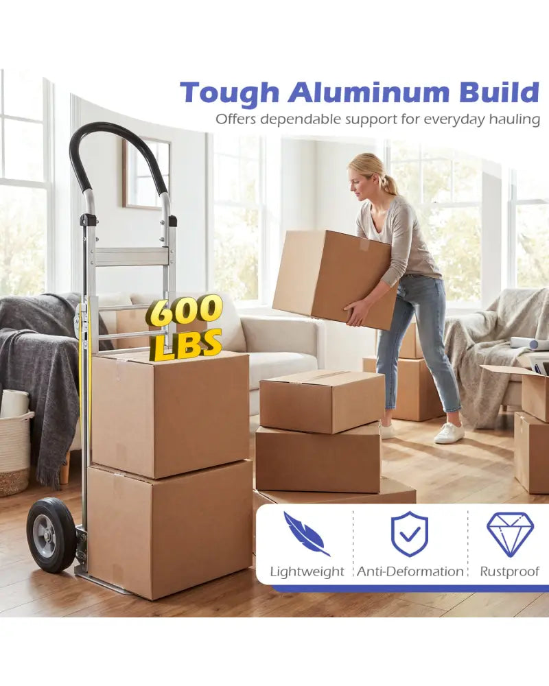 Aluminum Dolly Cart with 2 Rubber Wheels and Ergonomic Handle-Silver - Silver - Garages