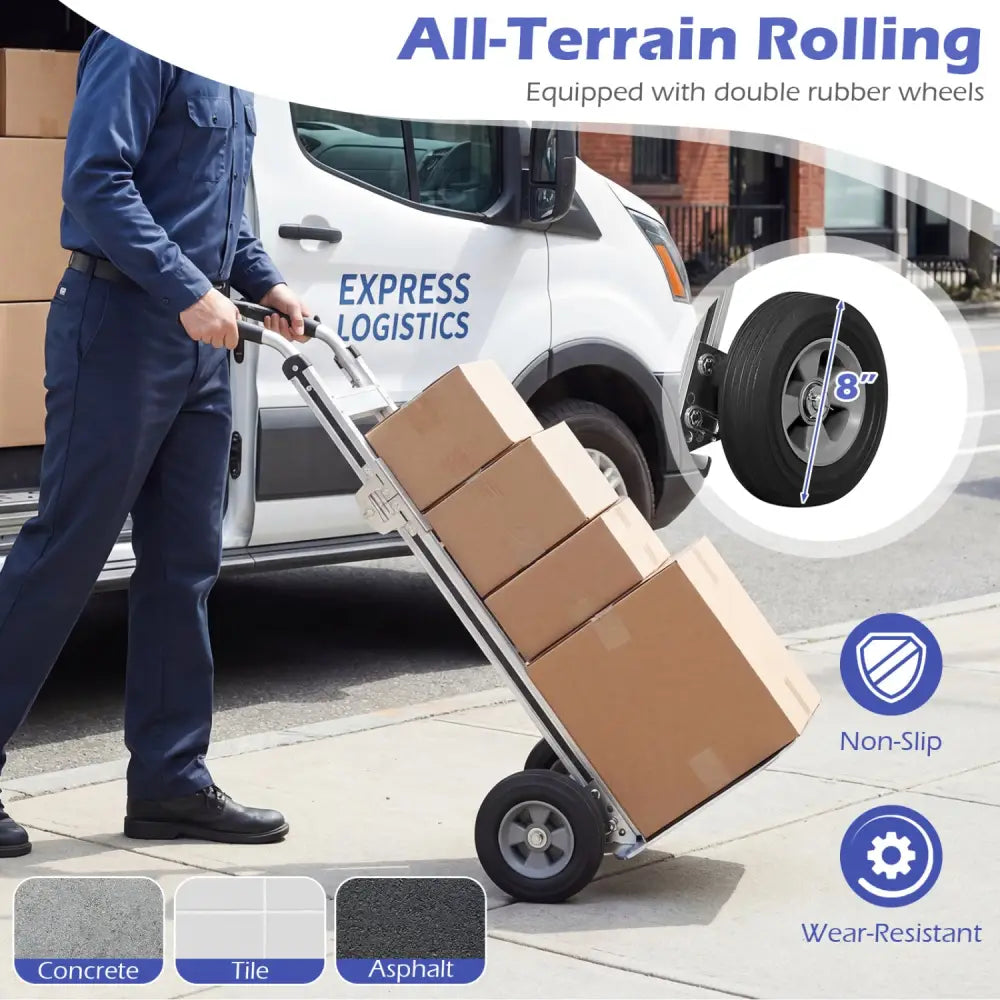Aluminum Dolly Cart with 2 Rubber Wheels and Ergonomic Handle-Silver - Silver - Garages