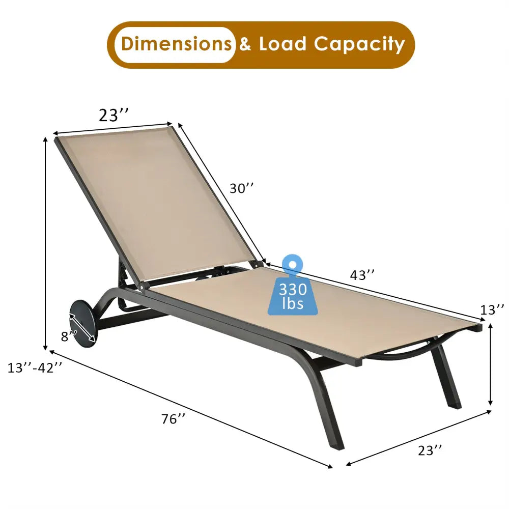 Aluminum Fabric Outdoor Patio Lounge Chair with Adjustable Reclining -Brown - Brown - Outdoor Chaise Lounges
