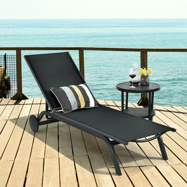 Aluminum Fabric Outdoor Patio Lounge Chair with Adjustable Reclining -Black - Black - Outdoor Chaise Lounges