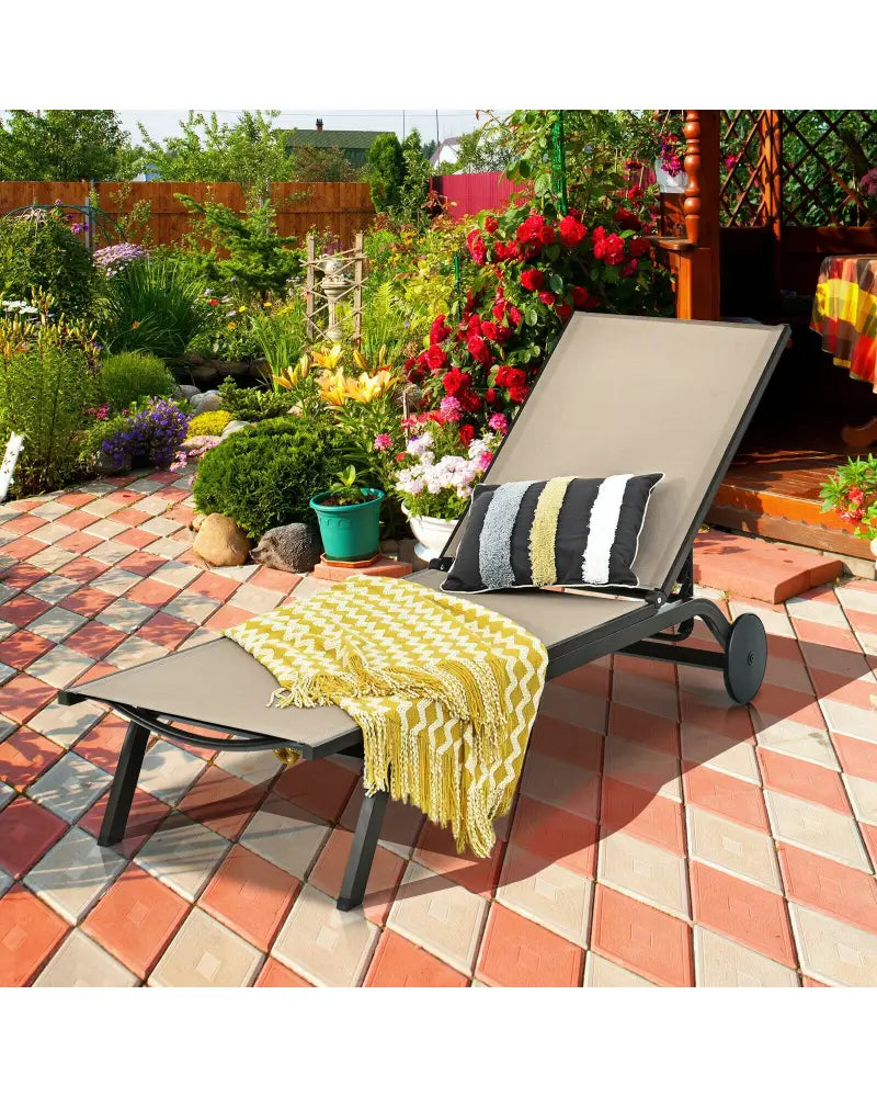 Aluminum Fabric Outdoor Patio Lounge Chair with Adjustable Reclining -Brown - Brown - Outdoor Chaise Lounges