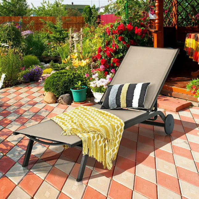 Aluminum Fabric Outdoor Patio Lounge Chair with Adjustable Reclining -Brown - Brown - Outdoor Chaise Lounges