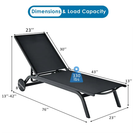 Aluminum Fabric Outdoor Patio Lounge Chair with Adjustable Reclining -Black - Black - Outdoor Chaise Lounges