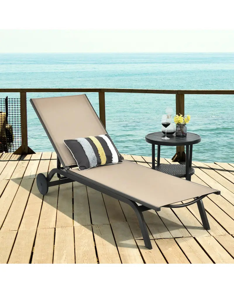 Aluminum Fabric Outdoor Patio Lounge Chair with Adjustable Reclining -Brown - Brown - Outdoor Chaise Lounges