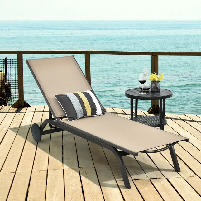 Aluminum Fabric Outdoor Patio Lounge Chair with Adjustable Reclining -Brown - Brown - Outdoor Chaise Lounges