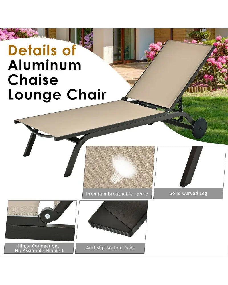 Aluminum Fabric Outdoor Patio Lounge Chair with Adjustable Reclining -Brown - Brown - Outdoor Chaise Lounges