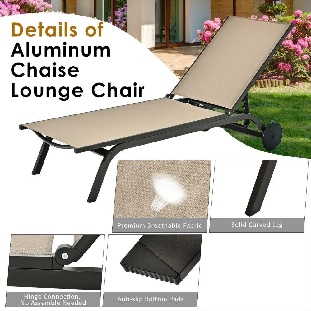 Aluminum Fabric Outdoor Patio Lounge Chair with Adjustable Reclining -Brown - Brown - Outdoor Chaise Lounges