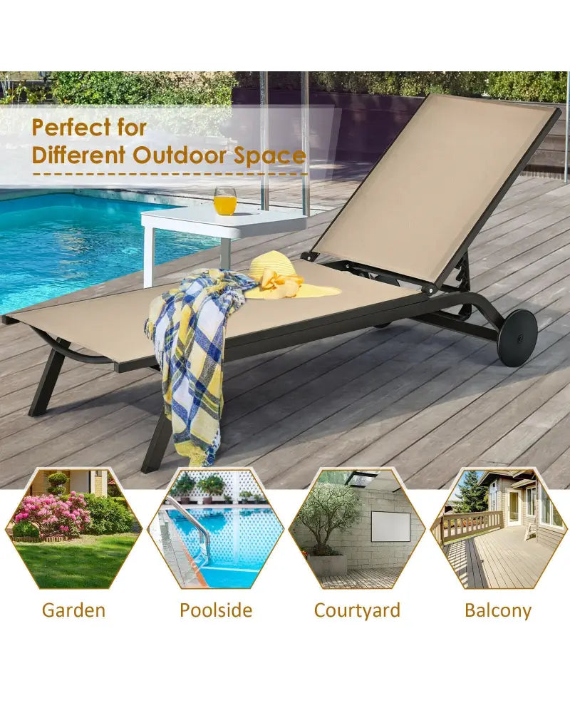Aluminum Fabric Outdoor Patio Lounge Chair with Adjustable Reclining -Brown - Brown - Outdoor Chaise Lounges
