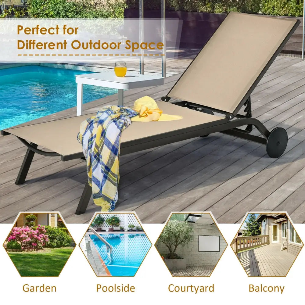 Aluminum Fabric Outdoor Patio Lounge Chair with Adjustable Reclining -Brown - Brown - Outdoor Chaise Lounges