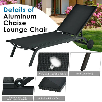 Aluminum Fabric Outdoor Patio Lounge Chair with Adjustable Reclining -Black - Black - Outdoor Chaise Lounges