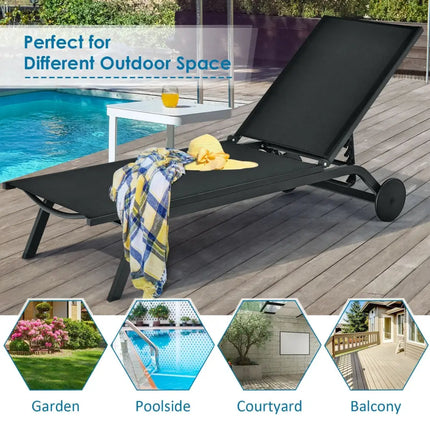 Aluminum Fabric Outdoor Patio Lounge Chair with Adjustable Reclining -Black - Black - Outdoor Chaise Lounges