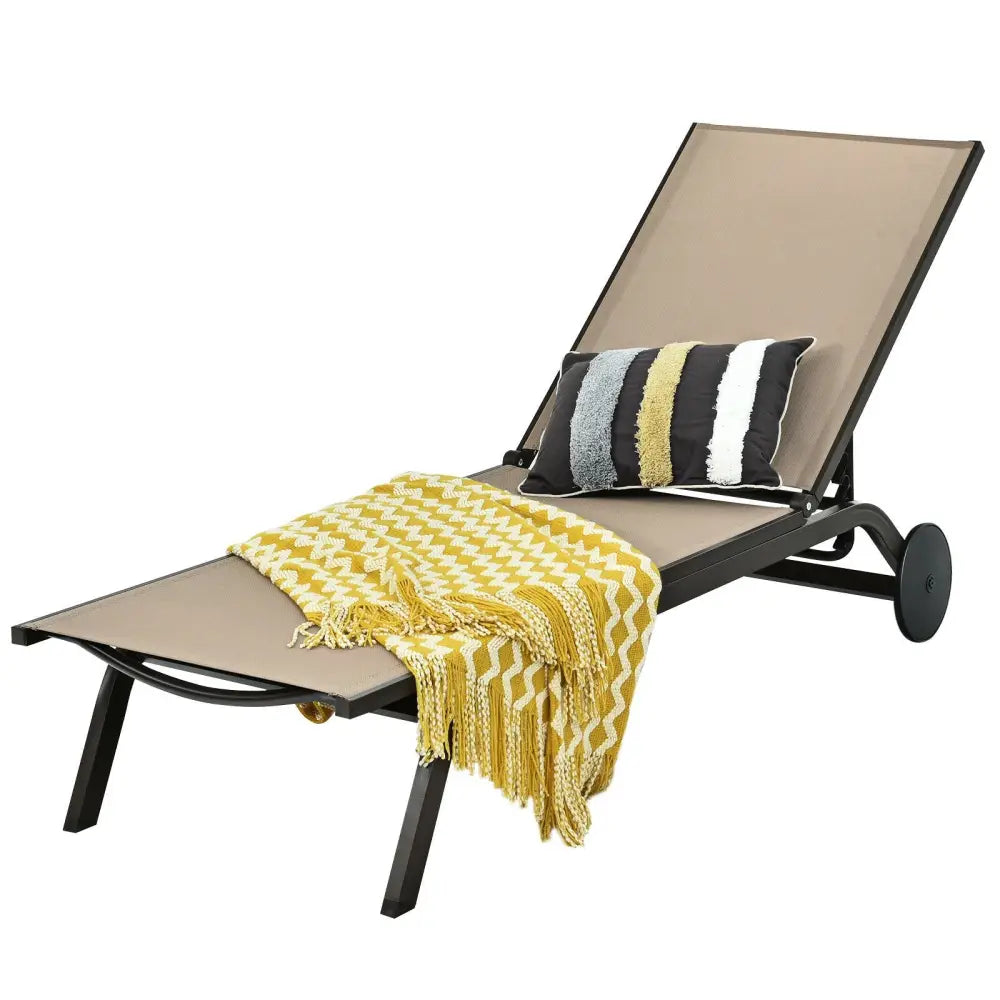 Aluminum Fabric Outdoor Patio Lounge Chair with Adjustable Reclining -Brown - Brown - Outdoor Chaise Lounges