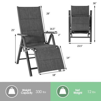 Aluminum Frame Adjustable Outdoor Foldable Reclining Padded Chair-Gray - Gray - Beach & Lawn Chairs