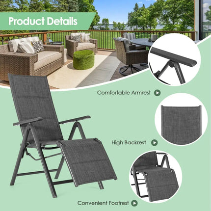 Aluminum Frame Adjustable Outdoor Foldable Reclining Padded Chair-Gray - Gray - Beach & Lawn Chairs