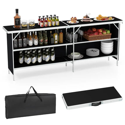 Aluminum Portable Picnic Table with 2-Tier Open Shelves and Spacious Tabletop-Black - Black - Outdoor