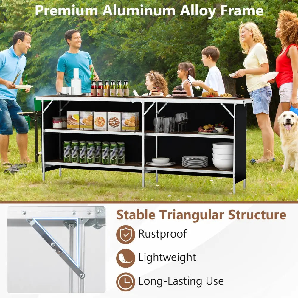 Aluminum Portable Picnic Table with 2-Tier Open Shelves and Spacious Tabletop-Coffee - Coffee - Outdoor
