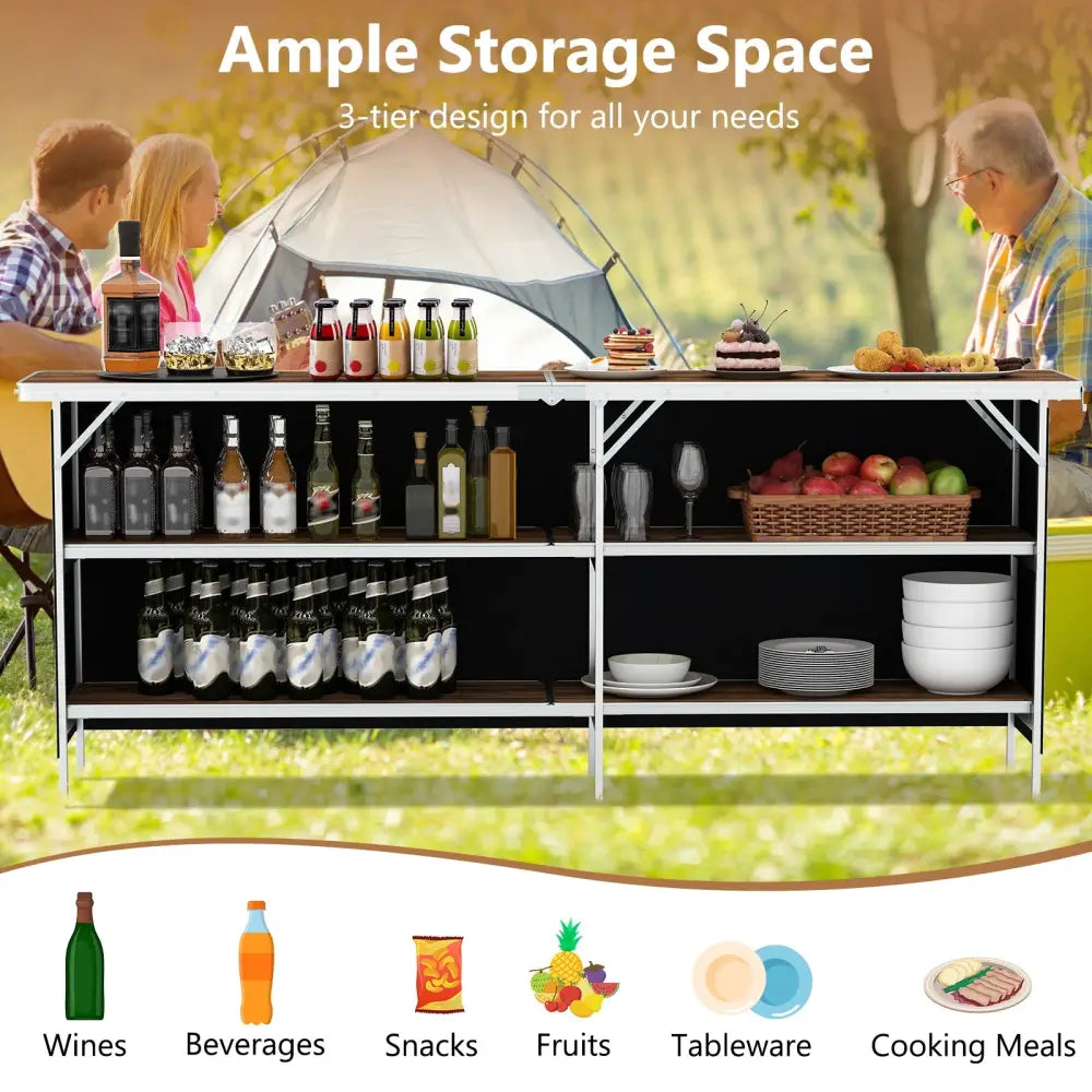 Aluminum Portable Picnic Table with 2-Tier Open Shelves and Spacious Tabletop-Coffee - Coffee - Outdoor