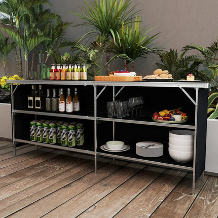 Aluminum Portable Picnic Table with 2-Tier Open Shelves and Spacious Tabletop-Black - Black - Outdoor