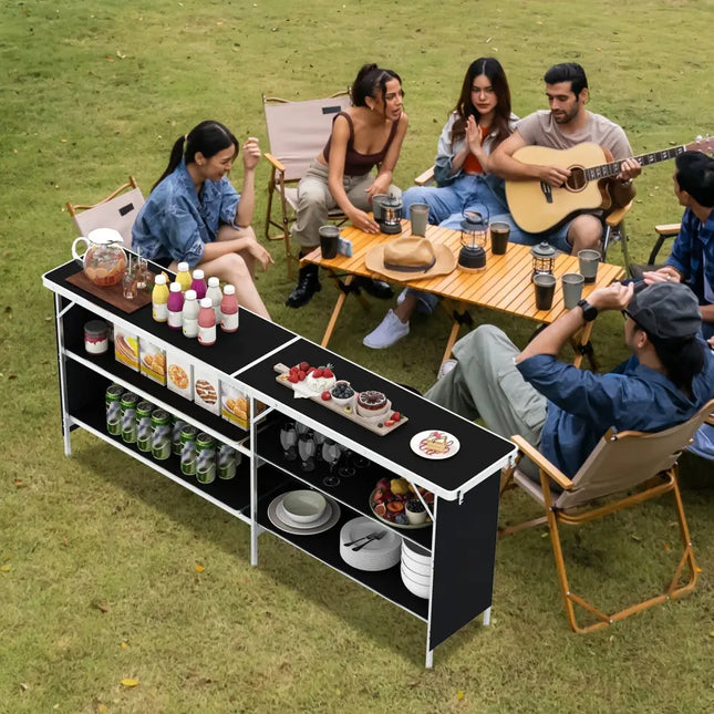 Aluminum Portable Picnic Table with 2-Tier Open Shelves and Spacious Tabletop-Black - Black - Outdoor