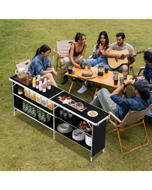 Aluminum Portable Picnic Table with 2-Tier Open Shelves and Spacious Tabletop-Black - Black - Outdoor