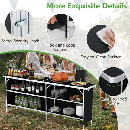 Aluminum Portable Picnic Table with 2-Tier Open Shelves and Spacious Tabletop-Black - Black - Outdoor