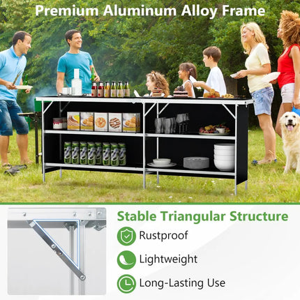 Aluminum Portable Picnic Table with 2-Tier Open Shelves and Spacious Tabletop-Black - Black - Outdoor