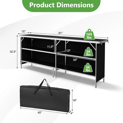 Aluminum Portable Picnic Table with 2-Tier Open Shelves and Spacious Tabletop-Black - Black - Outdoor