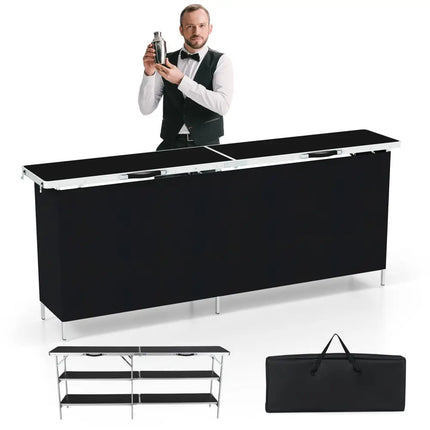 Aluminum Portable Picnic Table with 2-Tier Open Shelves and Spacious Tabletop-Black - Black - Outdoor