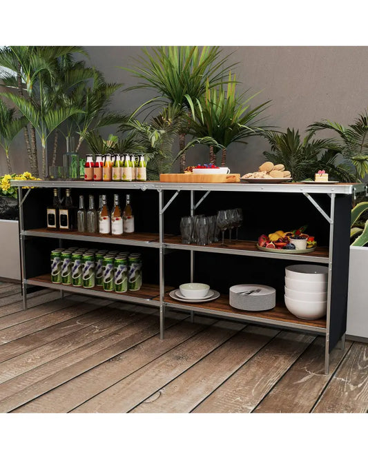 Aluminum Portable Picnic Table with 2-Tier Open Shelves and Spacious Tabletop-Coffee - Coffee - Outdoor