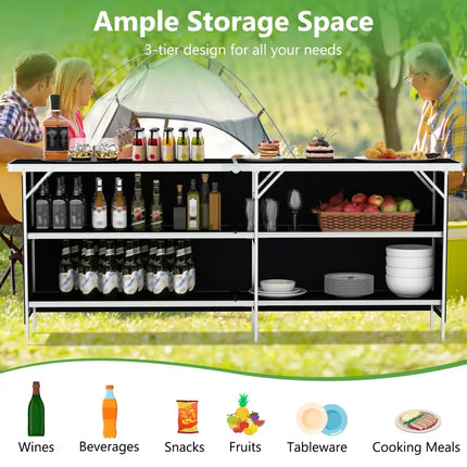 Aluminum Portable Picnic Table with 2-Tier Open Shelves and Spacious Tabletop-Black - Black - Outdoor