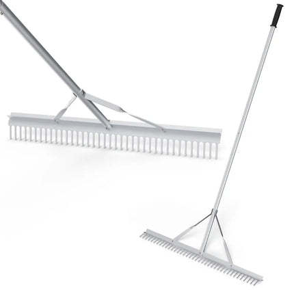 Aluminum Rake with 36 Inch Wide Rake Head and 68 Inch Long Handle - Silver - Lawn Care Tools