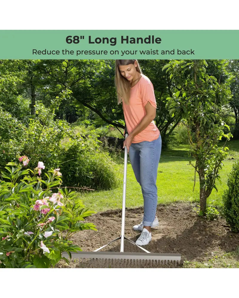 Aluminum Rake with 36 Inch Wide Rake Head and 68 Inch Long Handle - Silver - Lawn Care Tools