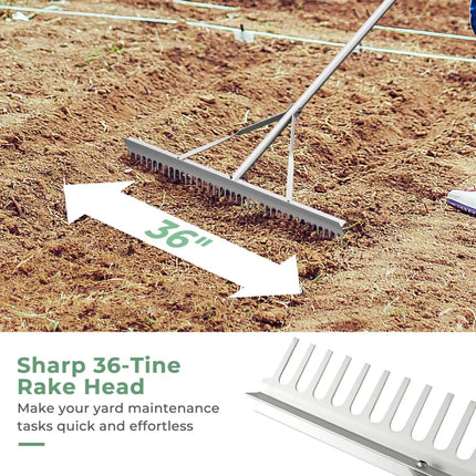 Aluminum Rake with 36 Inch Wide Rake Head and 68 Inch Long Handle - Silver - Lawn Care Tools