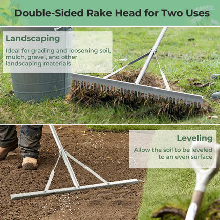Aluminum Rake with 36 Inch Wide Rake Head and 68 Inch Long Handle - Silver - Lawn Care Tools