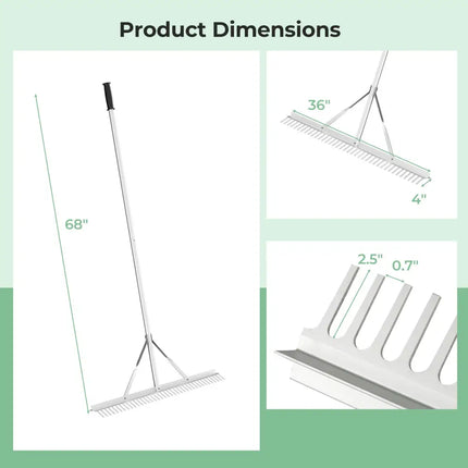 Aluminum Rake with 36 Inch Wide Rake Head and 68 Inch Long Handle - Silver - Lawn Care Tools