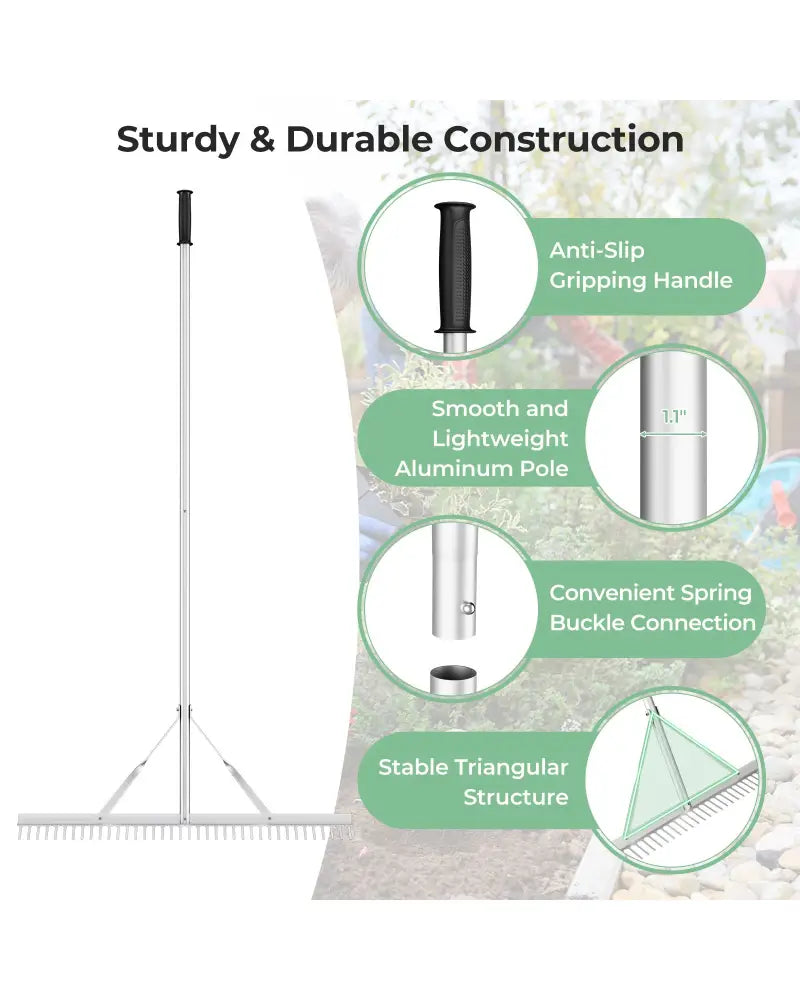 Aluminum Rake with 36 Inch Wide Rake Head and 68 Inch Long Handle - Silver - Lawn Care Tools