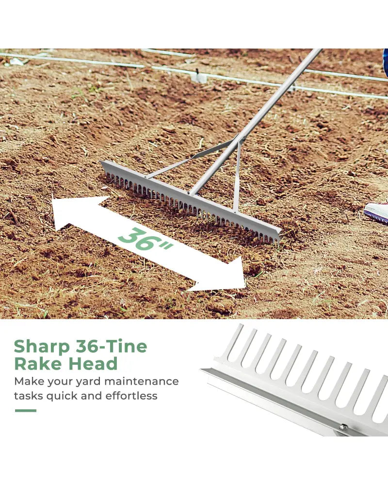 Aluminum Rake with 36 Inch Wide Rake Head and 68 Inch Long Handle - Silver - Lawn Care Tools
